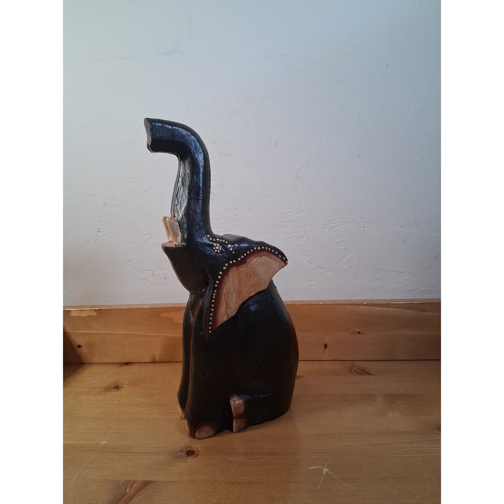 Vintage Wooden Hand Carved Elephant Statue Sculpture Trunk Up Indonesian 11"
